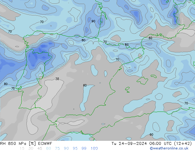 RH 850 hPa ECMWF Út 24.09.2024 06 UTC