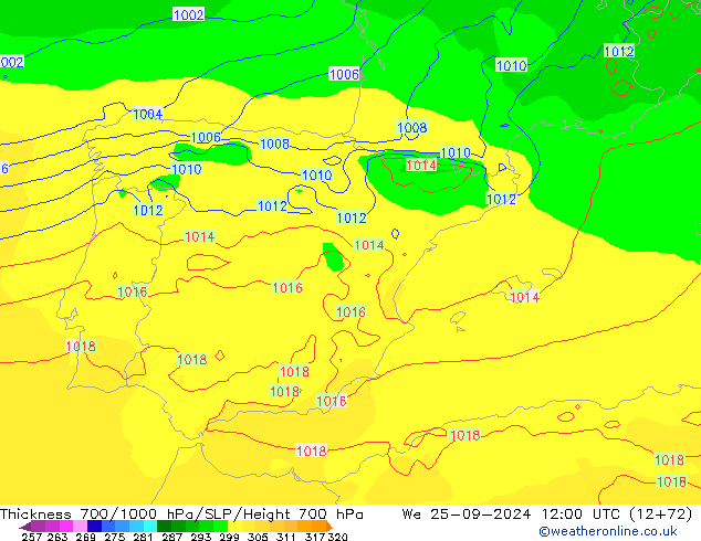 Thck 700-1000 hPa ECMWF śro. 25.09.2024 12 UTC