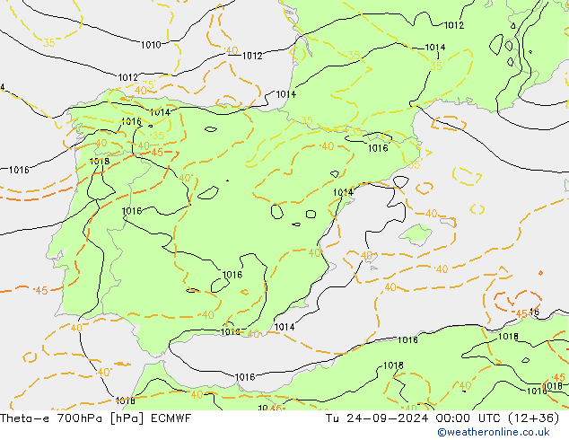 Theta-e 700hPa ECMWF Tu 24.09.2024 00 UTC