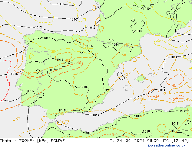 Theta-e 700hPa ECMWF Ter 24.09.2024 06 UTC