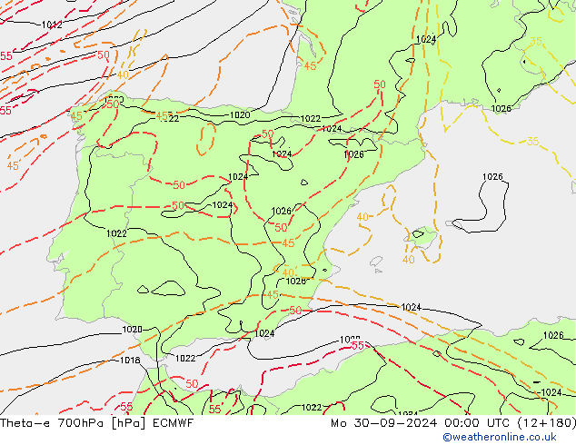 Theta-e 700hPa ECMWF Mo 30.09.2024 00 UTC