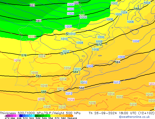 Espesor 500-1000 hPa ECMWF jue 26.09.2024 18 UTC