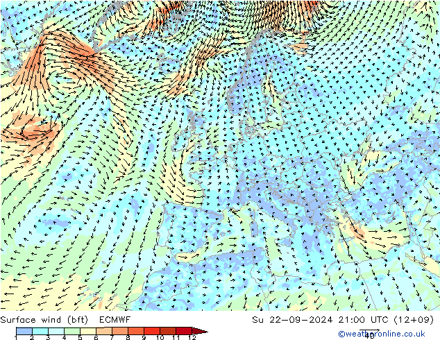 Surface wind (bft) ECMWF Su 22.09.2024 21 UTC