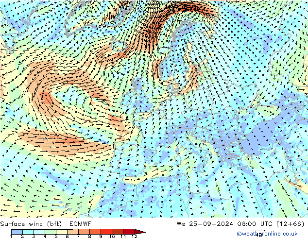 Bodenwind (bft) ECMWF Mi 25.09.2024 06 UTC