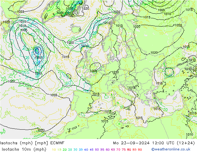 Isotachs (mph) ECMWF Seg 23.09.2024 12 UTC