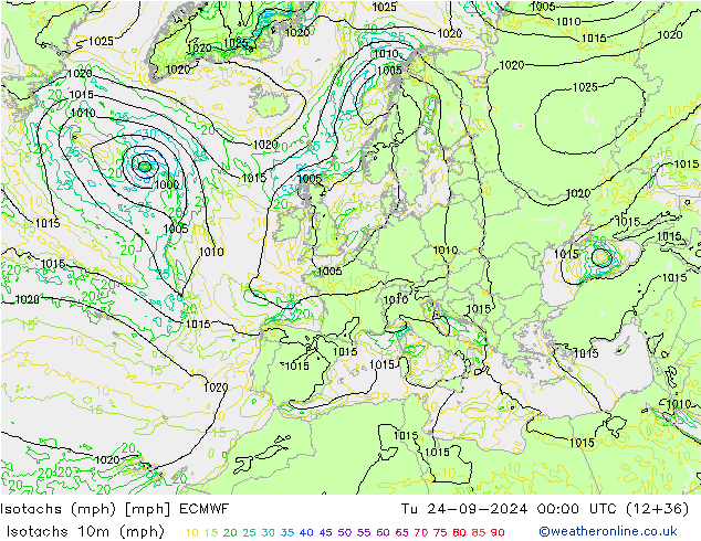 Isotachen (mph) ECMWF di 24.09.2024 00 UTC