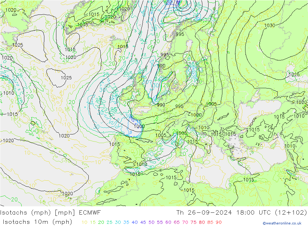 Eşrüzgar Hızları mph ECMWF Per 26.09.2024 18 UTC