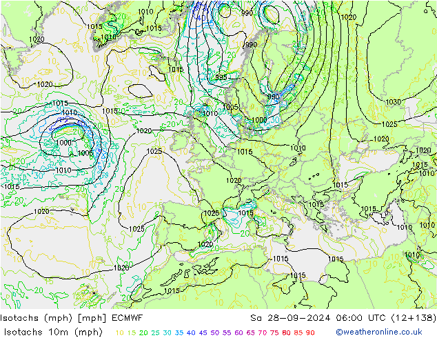 Isotachs (mph) ECMWF Sa 28.09.2024 06 UTC