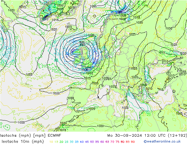 Izotacha (mph) ECMWF pon. 30.09.2024 12 UTC