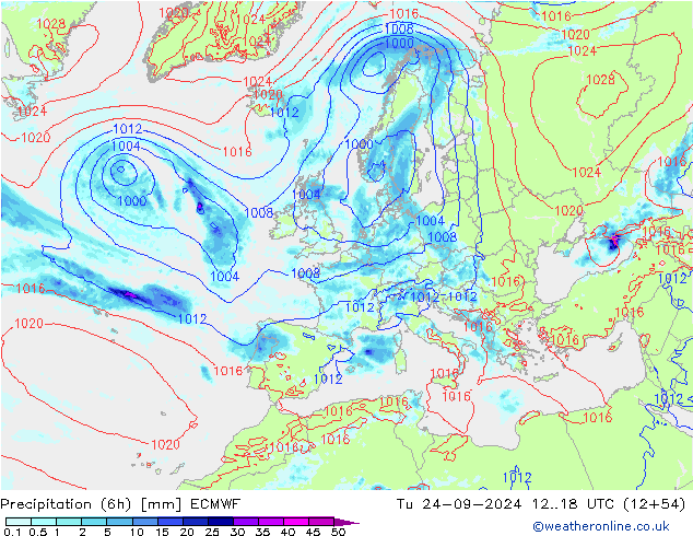 Nied. akkumuliert (6Std) ECMWF Di 24.09.2024 18 UTC