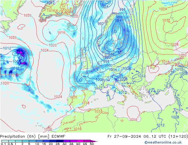 Z500/Rain (+SLP)/Z850 ECMWF  27.09.2024 12 UTC