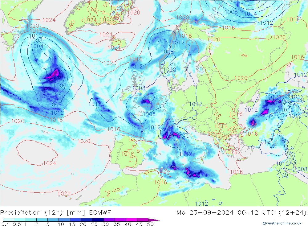 Precipitazione (12h) ECMWF lun 23.09.2024 12 UTC