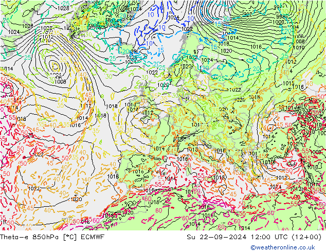 Theta-e 850hPa ECMWF So 22.09.2024 12 UTC