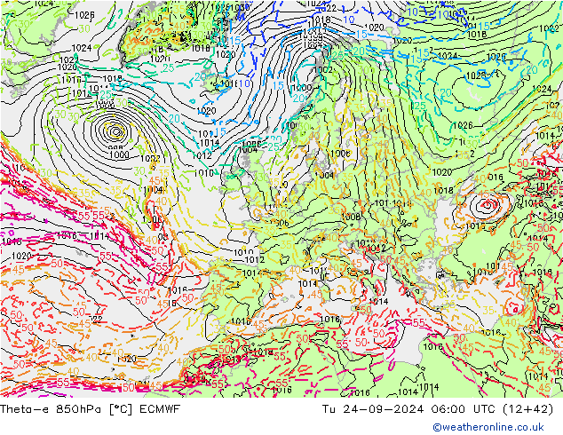 Theta-e 850hPa ECMWF  24.09.2024 06 UTC