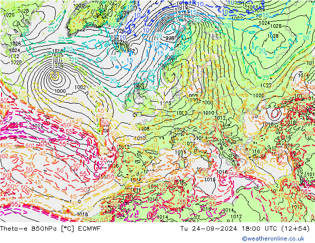 Theta-e 850hPa ECMWF Tu 24.09.2024 18 UTC