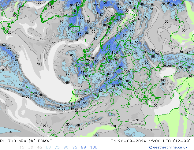 RH 700 hPa ECMWF Čt 26.09.2024 15 UTC