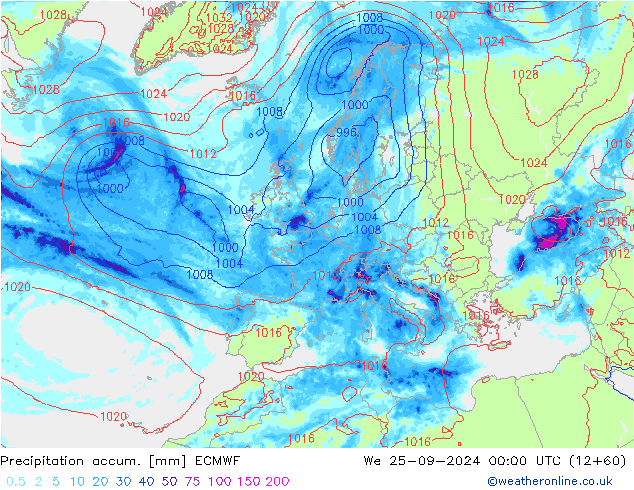 Precipitation accum. ECMWF St 25.09.2024 00 UTC