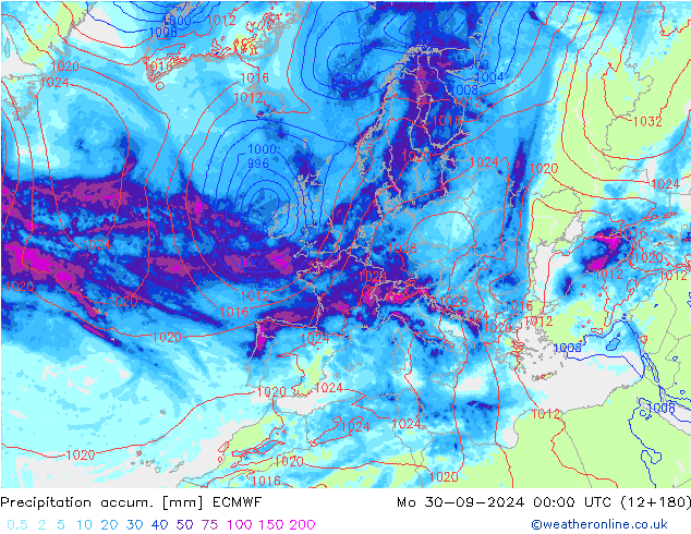 Totale neerslag ECMWF ma 30.09.2024 00 UTC