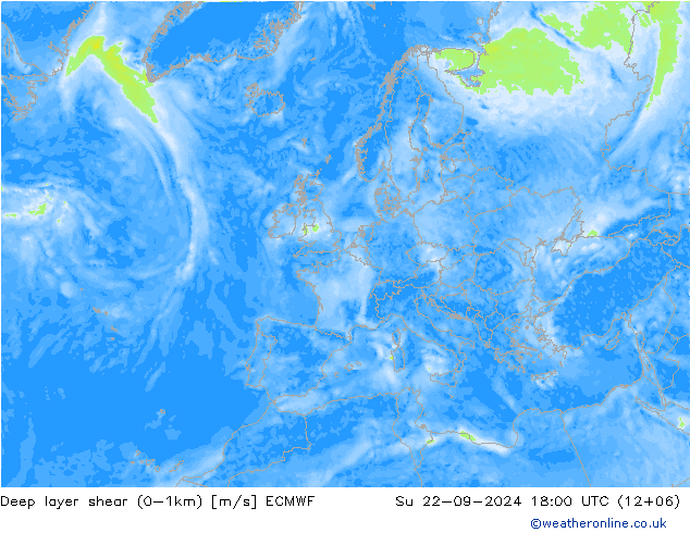 Deep layer shear (0-1km) ECMWF nie. 22.09.2024 18 UTC