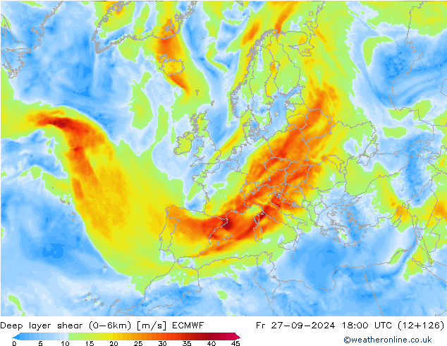 Deep layer shear (0-6km) ECMWF ven 27.09.2024 18 UTC