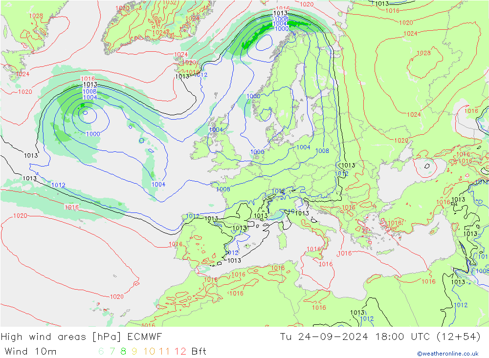 High wind areas ECMWF Tu 24.09.2024 18 UTC