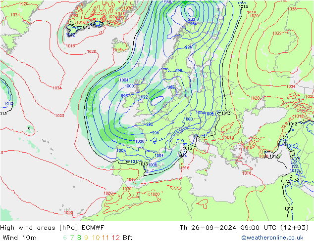 High wind areas ECMWF Čt 26.09.2024 09 UTC