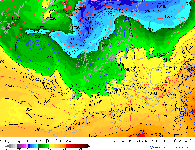 SLP/Temp. 850 hPa ECMWF Di 24.09.2024 12 UTC