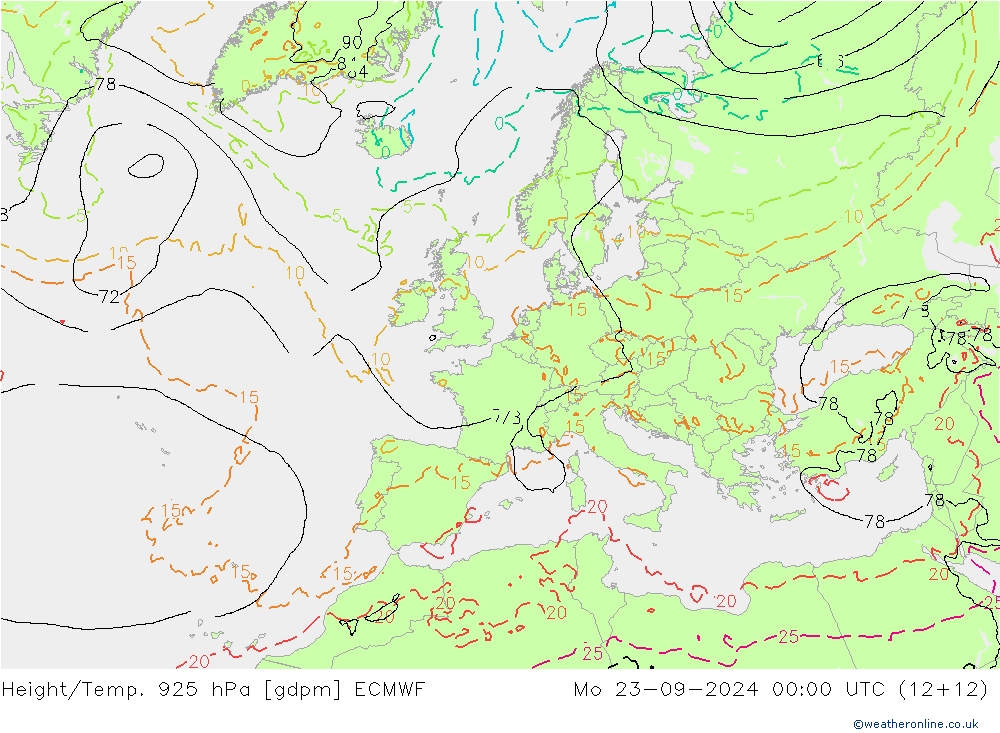 Height/Temp. 925 hPa ECMWF Mo 23.09.2024 00 UTC