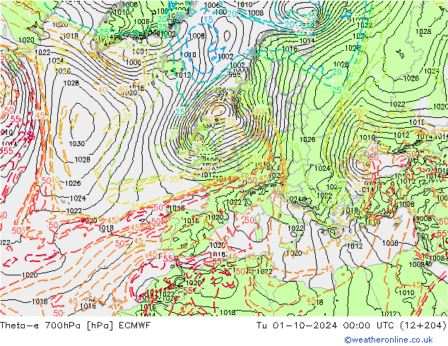 Theta-e 700hPa ECMWF mar 01.10.2024 00 UTC