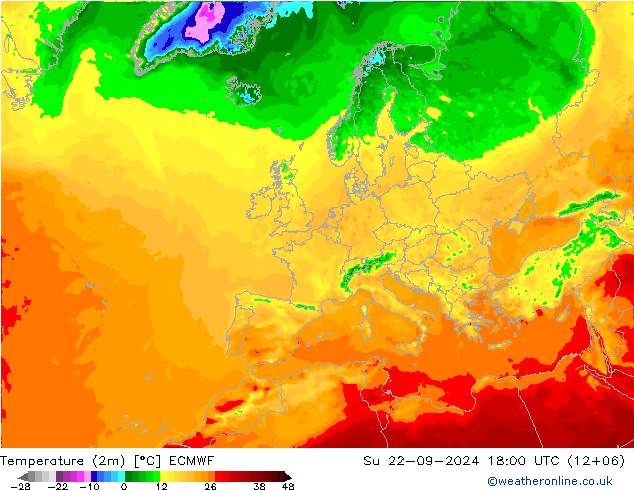 Temperature (2m) ECMWF Su 22.09.2024 18 UTC