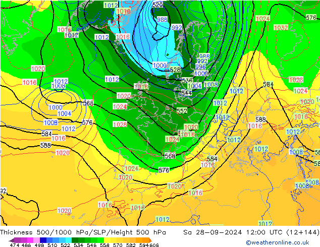 Dikte 500-1000hPa ECMWF za 28.09.2024 12 UTC