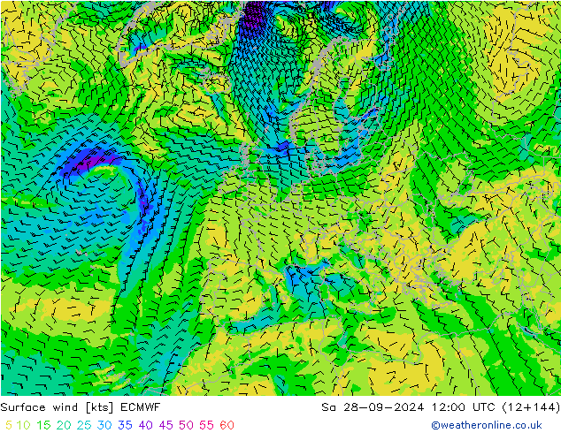 wiatr 10 m ECMWF so. 28.09.2024 12 UTC