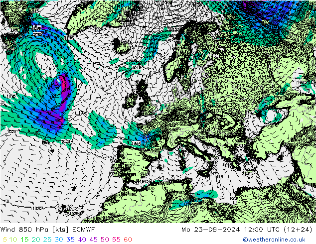 Vento 850 hPa ECMWF lun 23.09.2024 12 UTC