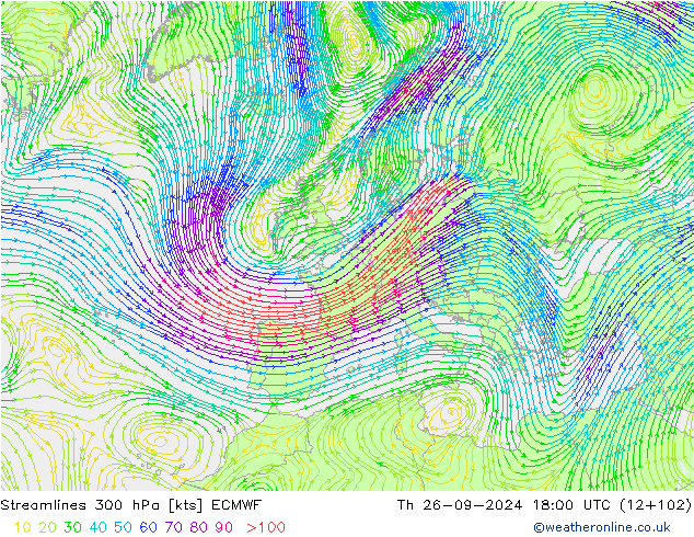 Linia prądu 300 hPa ECMWF czw. 26.09.2024 18 UTC