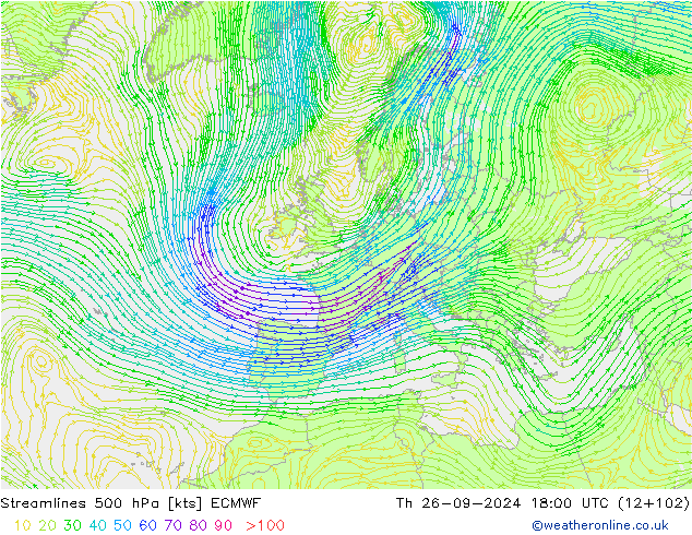 Linha de corrente 500 hPa ECMWF Qui 26.09.2024 18 UTC