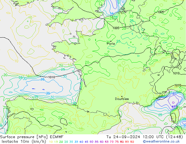 Isotachen (km/h) ECMWF Di 24.09.2024 12 UTC