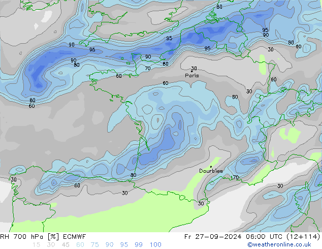 RH 700 hPa ECMWF Sex 27.09.2024 06 UTC