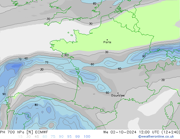 RH 700 hPa ECMWF Qua 02.10.2024 12 UTC