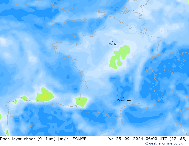 Deep layer shear (0-1km) ECMWF mer 25.09.2024 06 UTC