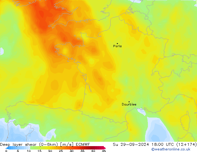 Deep layer shear (0-6km) ECMWF  29.09.2024 18 UTC