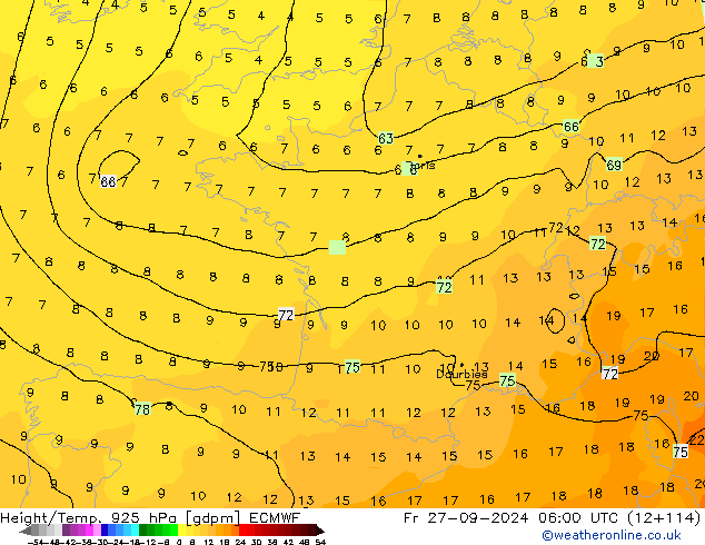 Height/Temp. 925 hPa ECMWF Sex 27.09.2024 06 UTC