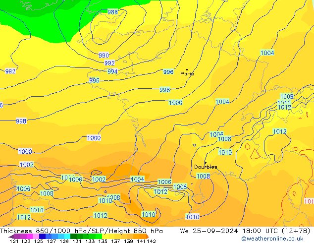 Thck 850-1000 hPa ECMWF We 25.09.2024 18 UTC