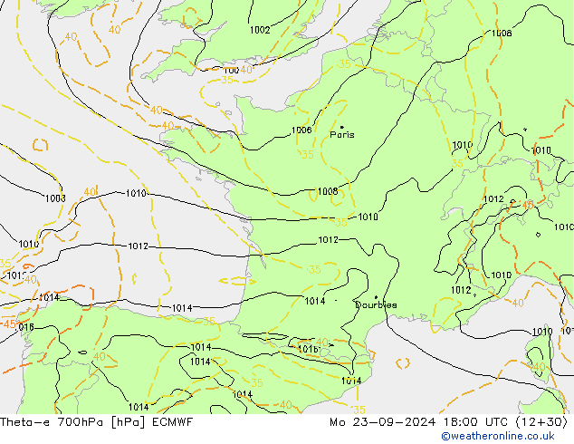 Theta-e 700hPa ECMWF Mo 23.09.2024 18 UTC