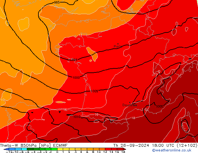 Theta-W 850hPa ECMWF czw. 26.09.2024 18 UTC