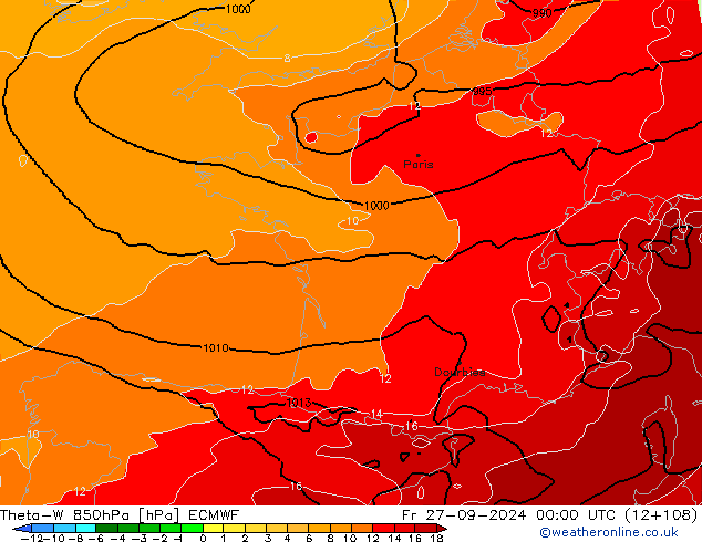 Theta-W 850гПа ECMWF пт 27.09.2024 00 UTC