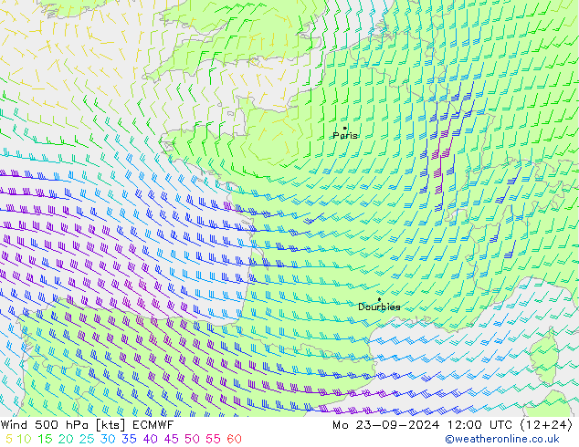 Vento 500 hPa ECMWF lun 23.09.2024 12 UTC