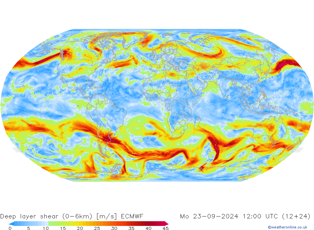 Deep layer shear (0-6km) ECMWF Mo 23.09.2024 12 UTC