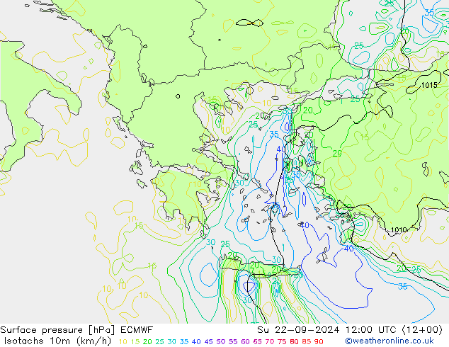 Eşrüzgar Hızları (km/sa) ECMWF Paz 22.09.2024 12 UTC