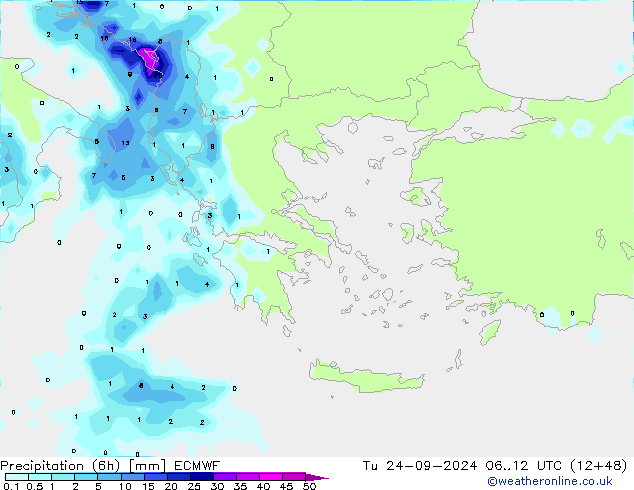 Precipitazione (6h) ECMWF mar 24.09.2024 12 UTC