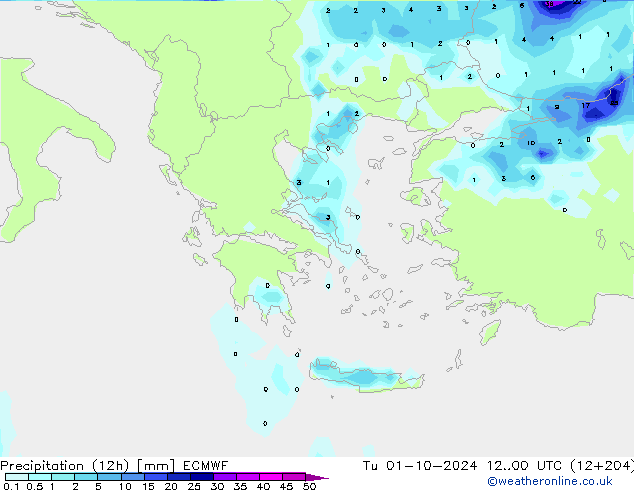 Précipitation (12h) ECMWF mar 01.10.2024 00 UTC